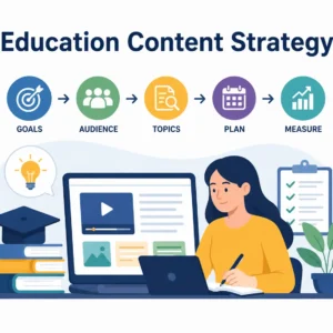 Educational banner showing education content strategy with teachers, digital platforms, and structured learning visuals