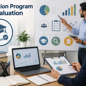 Educational banner showing education program evaluation with teachers, students, charts, and assessment visuals