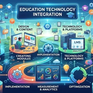 Educational banner showing education technology integration with smart classrooms, digital tools, and interactive learning platforms