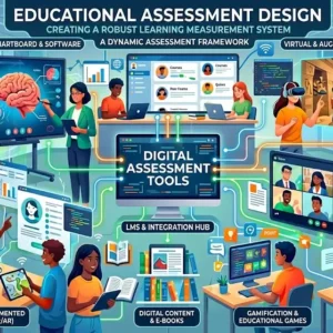 Educational banner showing Educational Assessment Design with test sheets, rubrics, and analytics visuals