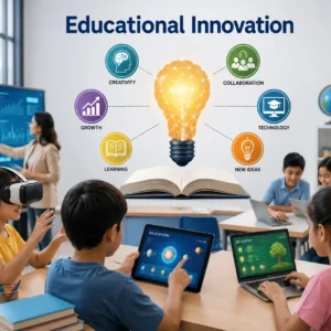 High‑quality educational banner for Educational Innovation showing modern learning and technology concepts