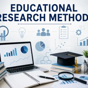 Educational banner showing educational research methods with students, data charts, and structured inquiry visuals