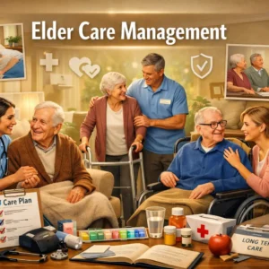 Professional Elder Care Management course image with caregivers and elderly support visuals