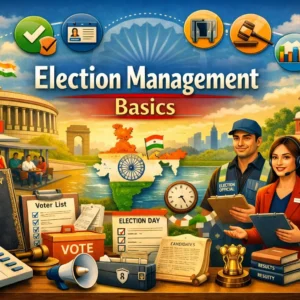 Educational banner for Election Management Basics course showing voting machine and election officials