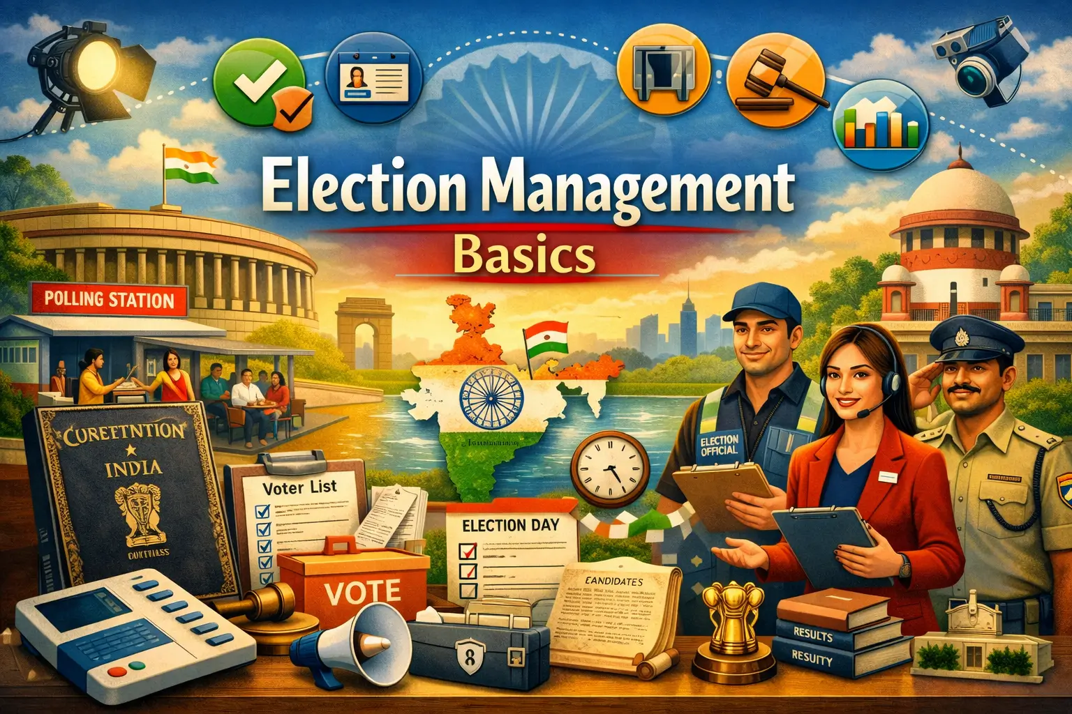 Educational banner for Election Management Basics course showing voting machine and election officials
