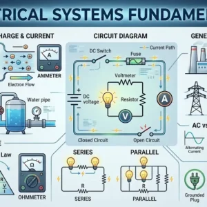Educational banner showing electrical systems fundamentals with circuit diagrams, power flow visuals, and engineering tools
