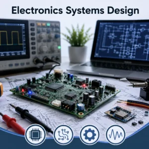 Modern educational banner for Electronics Systems Design course with circuit visuals