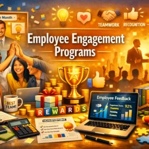 Educational banner for Employee Engagement Programs course featuring teamwork and recognition visuals