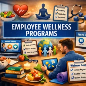 High‑quality educational banner for Employee Wellness Programs showing workplace health and wellness concepts