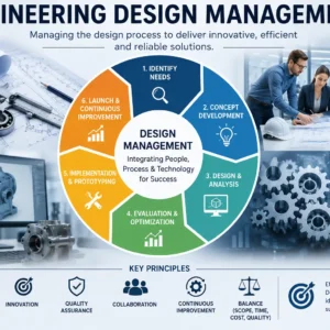 Educational banner for Engineering Design Management course with modern design visuals