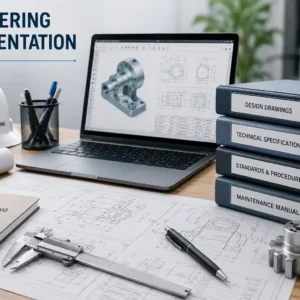 Educational banner for Engineering Documentation course with technical writing and design visuals