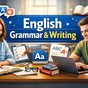 Professional course image showing English Grammar & Writing learning tools