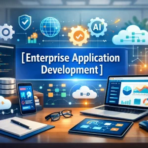 Educational banner for Enterprise Application Development course with coding and cloud visuals