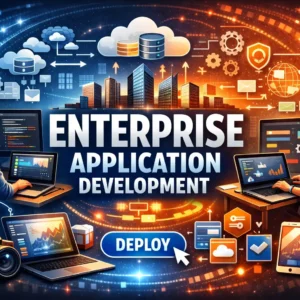 Professional Enterprise Application Development course image with coding and business system visuals