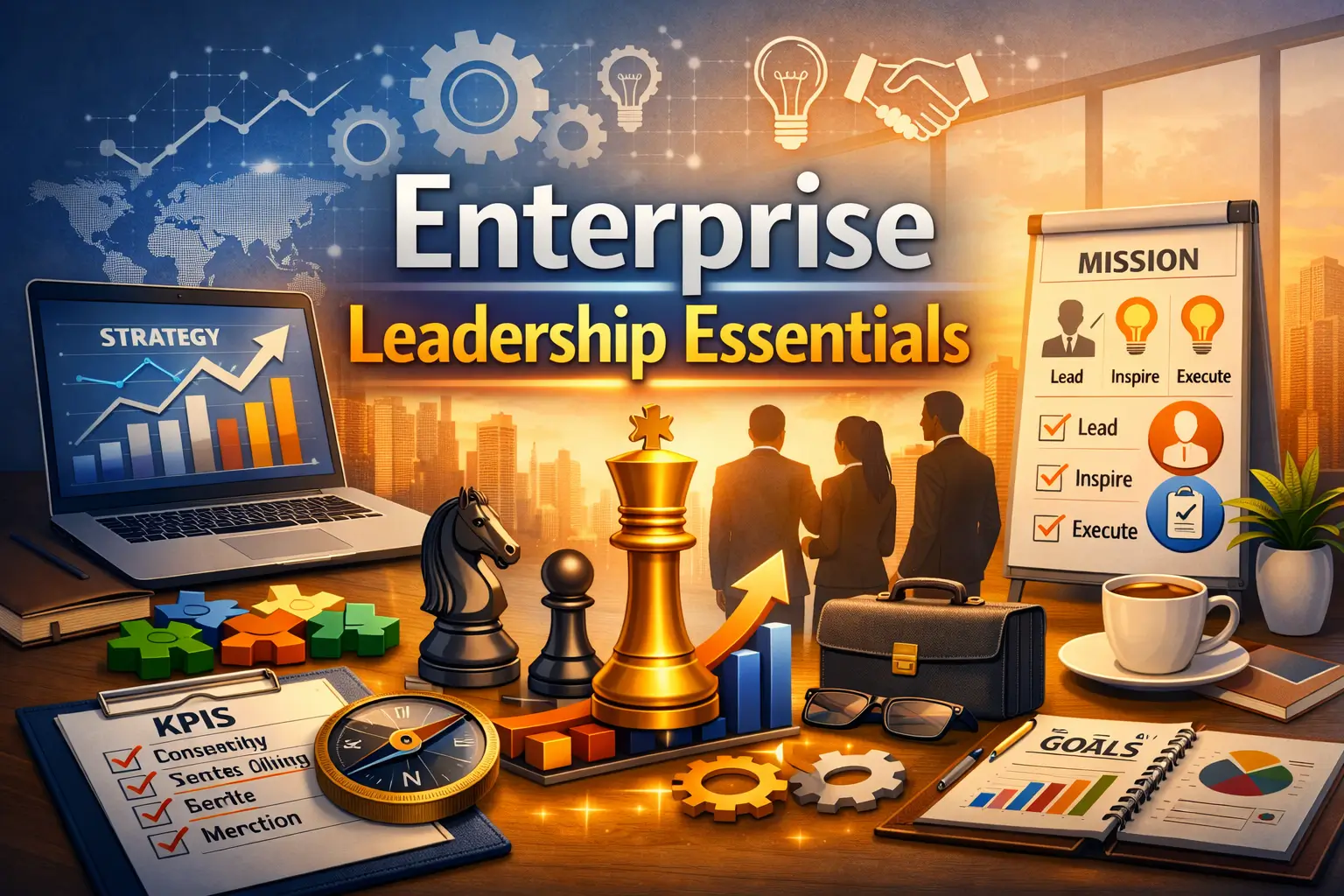 Educational course image for Enterprise Leadership Essentials with leadership and strategy visuals