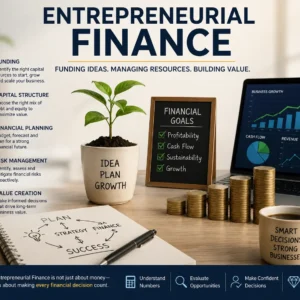 Modern educational banner for Entrepreneurial Finance course with financial tools and visuals