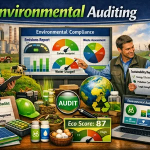 Educational banner showing Environmental Auditing with professionals analyzing sustainability data and environmental compliance dashboards
