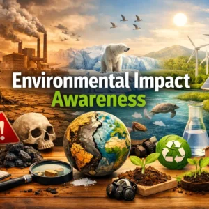 Educational course image for Environmental Impact Awareness with pollution and sustainability visuals