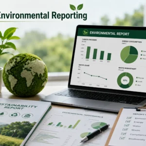 Educational banner for Environmental Reporting course with sustainability and data analytics visuals