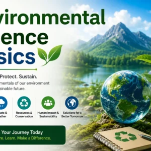 Educational banner for Environmental Science Basics course with nature and sustainability visuals
