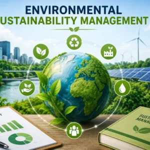 Educational banner for Environmental Sustainability Management course with eco-friendly and renewable energy visuals