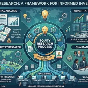 Educational banner showing Equity Research with stock charts, magnifying glass, and company reports