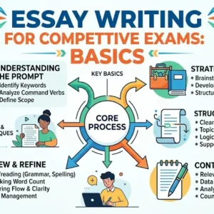 Educational banner for Essay Writing for Competitive Exams Basics course showing exam writing tools and structured essay visuals