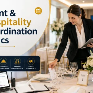 Educational course image for Event & Hospitality Coordination Basics with event and hospitality visuals