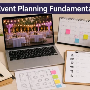 Modern educational course image for Event Planning Fundamentals with event management visuals