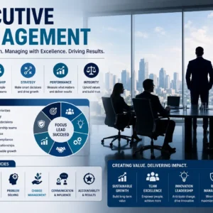 Educational banner showing Executive Management with leadership, boardroom strategy, and global business visuals