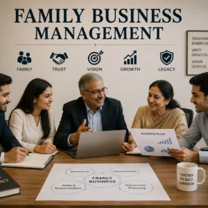 Educational banner showing Family Business Management with teamwork, succession planning, and business growth visuals