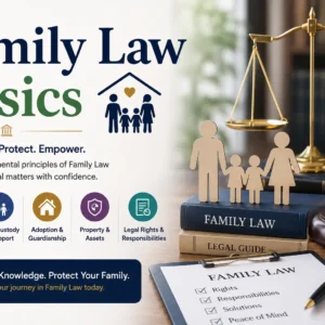 Educational banner for Family Law Basics course with legal and family visuals