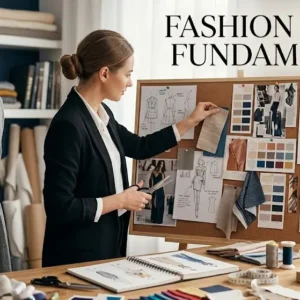 Professional Fashion Design Fundamentals course image with sketches and design tools