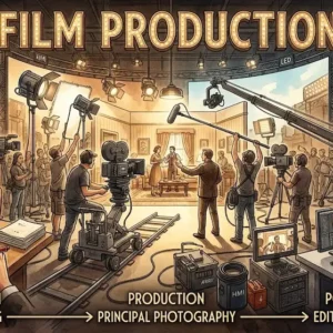 Professional Film Production course image with cameras, lights, and editing visuals