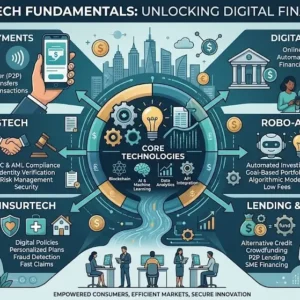 Educational banner showing FinTech Fundamentals with mobile banking, blockchain, and digital payment visuals