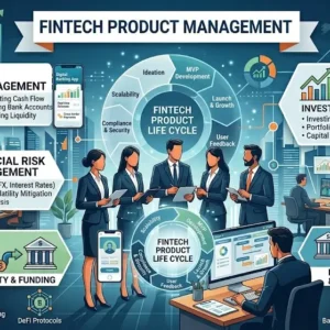 Educational course image for FinTech Product Management with digital finance and product design visuals