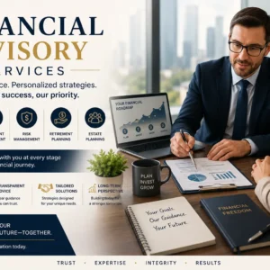 Educational banner showing Financial Advisory Services with charts, client consultation, and wealth management visuals