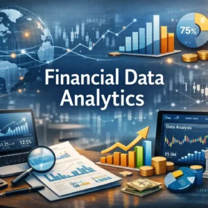 Educational course image for Financial Data Analytics with financial charts and data visualization elements