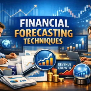 Educational banner for Financial Forecasting Techniques course with charts and analysis visuals