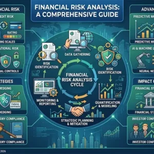 Educational banner showing Financial Risk Analysis with risk matrices, stock charts, and shield icons