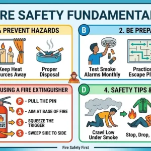 Professional fire safety fundamentals course design with emergency and protection visuals