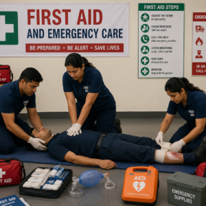 Students learning first aid and emergency care techniques during practical training