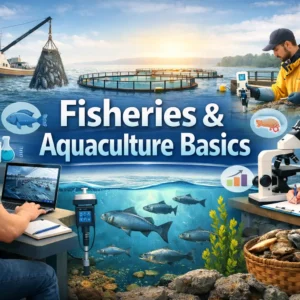 Fisheries & Aquaculture Basics course showing aquaculture tools, fish farming, and student learning