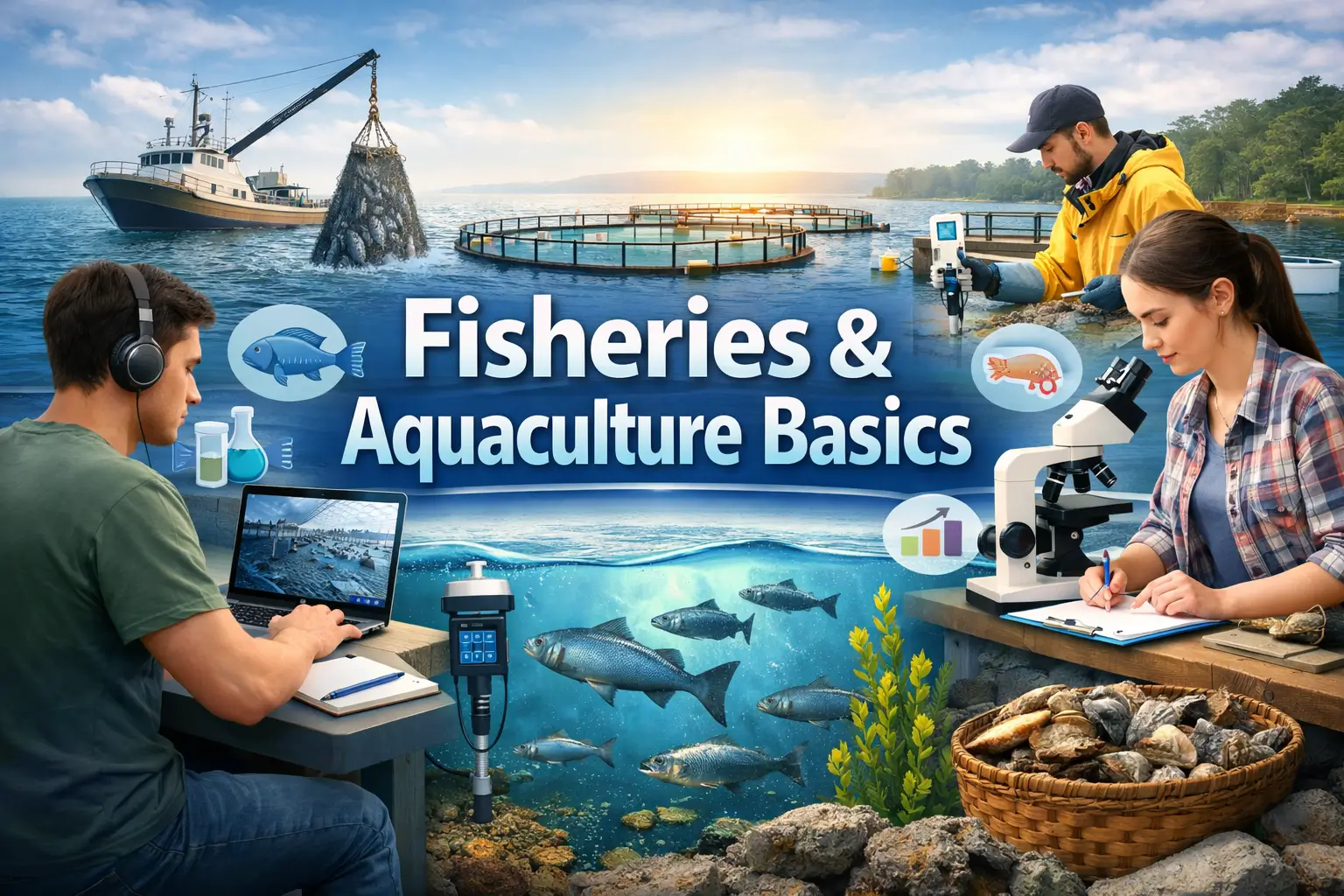 Fisheries & Aquaculture Basics course showing aquaculture tools, fish farming, and student learning