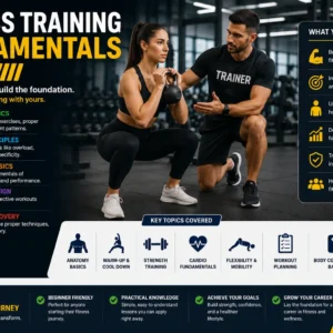 Fitness Training Fundamentals Basics course image with gym equipment and training visuals