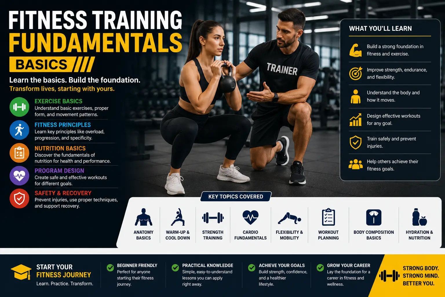 Fitness Training Fundamentals Basics course image with gym equipment and training visuals
