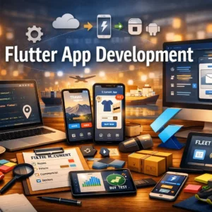Professional Flutter App Development course image with coding and mobile app visuals