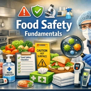 Professional food safety fundamentals course design with inspection and kitchen visuals