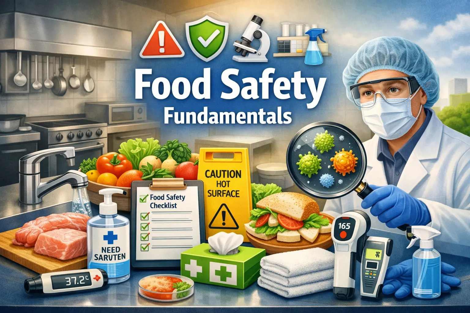 Professional food safety fundamentals course design with inspection and kitchen visuals