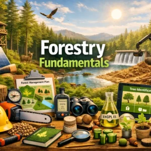 Educational course image for Forestry Fundamentals with forest management and conservation visuals
